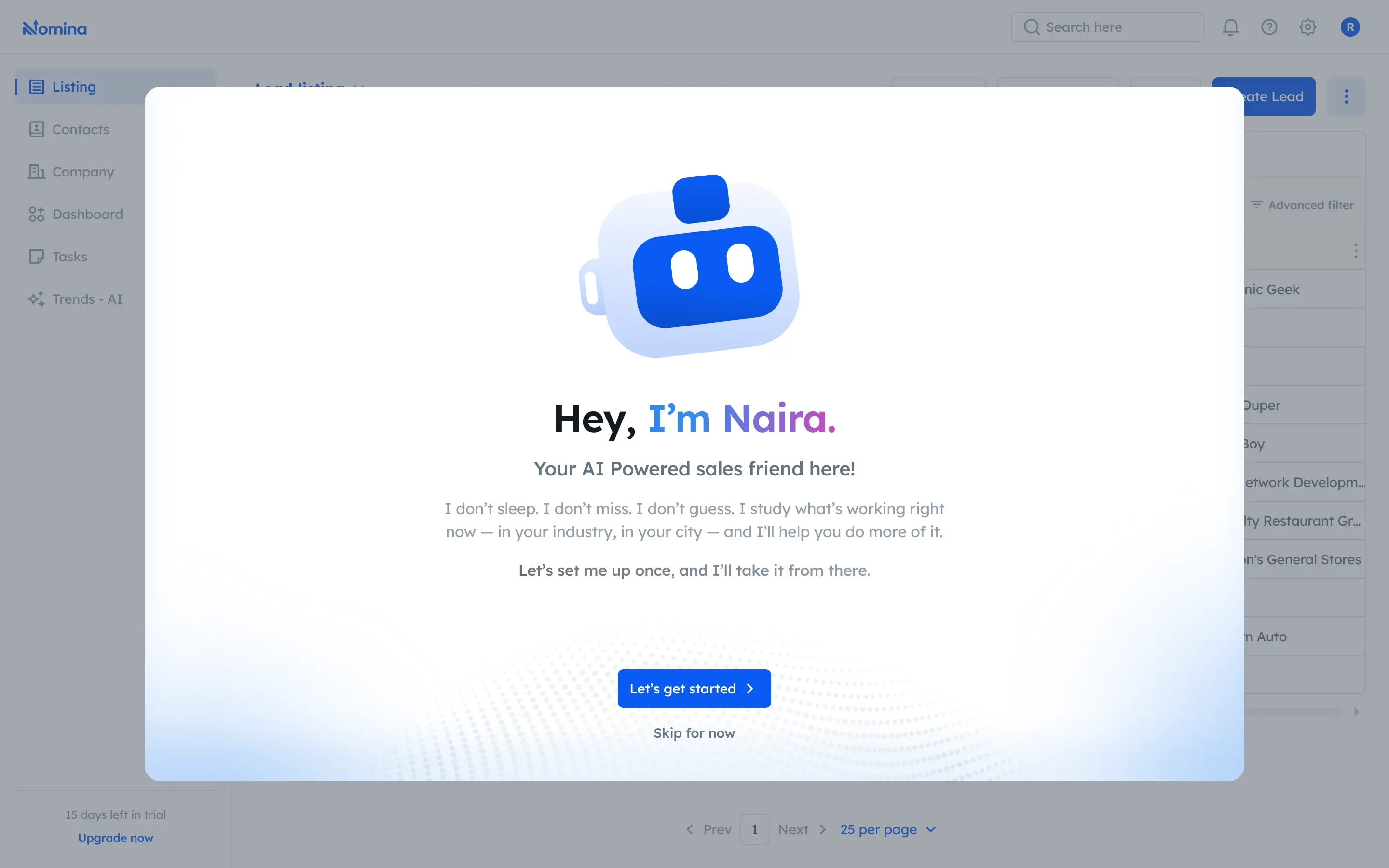 Naira introducing itself inside Nomina: 'Hey, I'm Naira — your AI powered sales friend here!'